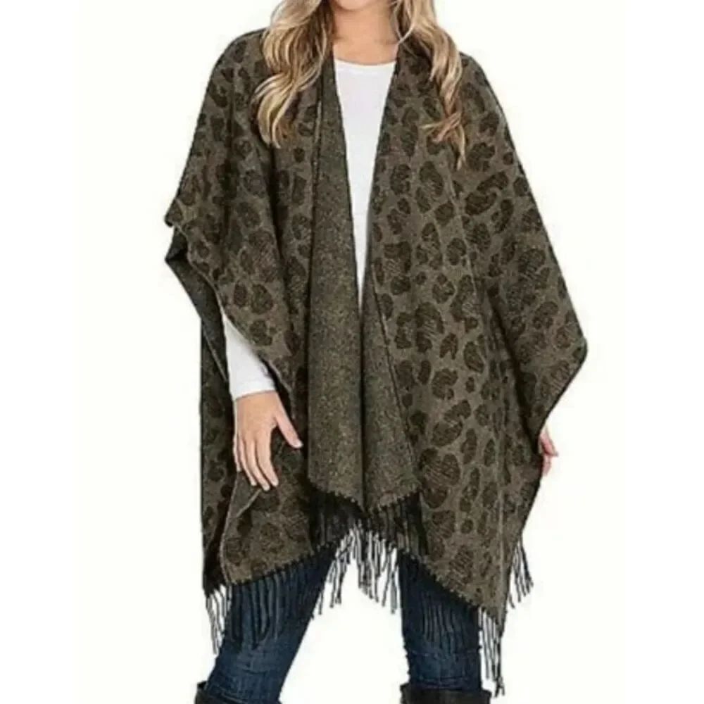 Woolrich Bohemian Leopard Print Cozy Blanket Wrap Poncho One Size